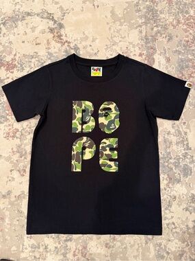 Bape Black Short Sleeve Tee with Green Camo DOPE Graphic